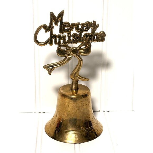 Vintage Solid Brass Bell Merry Christmas Handle Retro MCM 7” - Picture 1 of 4